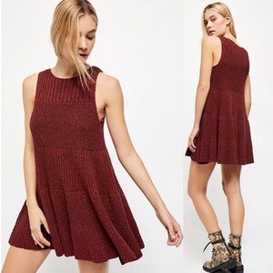 Free People knitted Waterfall Ruffle Dress in wine S/P
